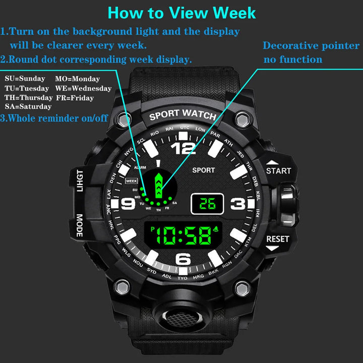Fashion Men's Watch Sports Electronic Wristwatch Large dial Multifunctional Waterproof Luminous Alarm Kids Male's Military Watch