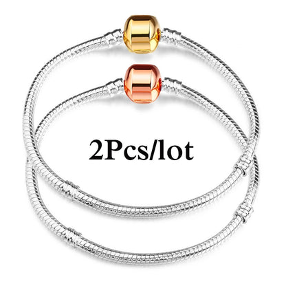2Pcs/Lot Special Offer 3mm Silver Color Snake Chain Charm Bracelet For Women Men Fit DIY Bracelets Jewelry Gift Wholesale