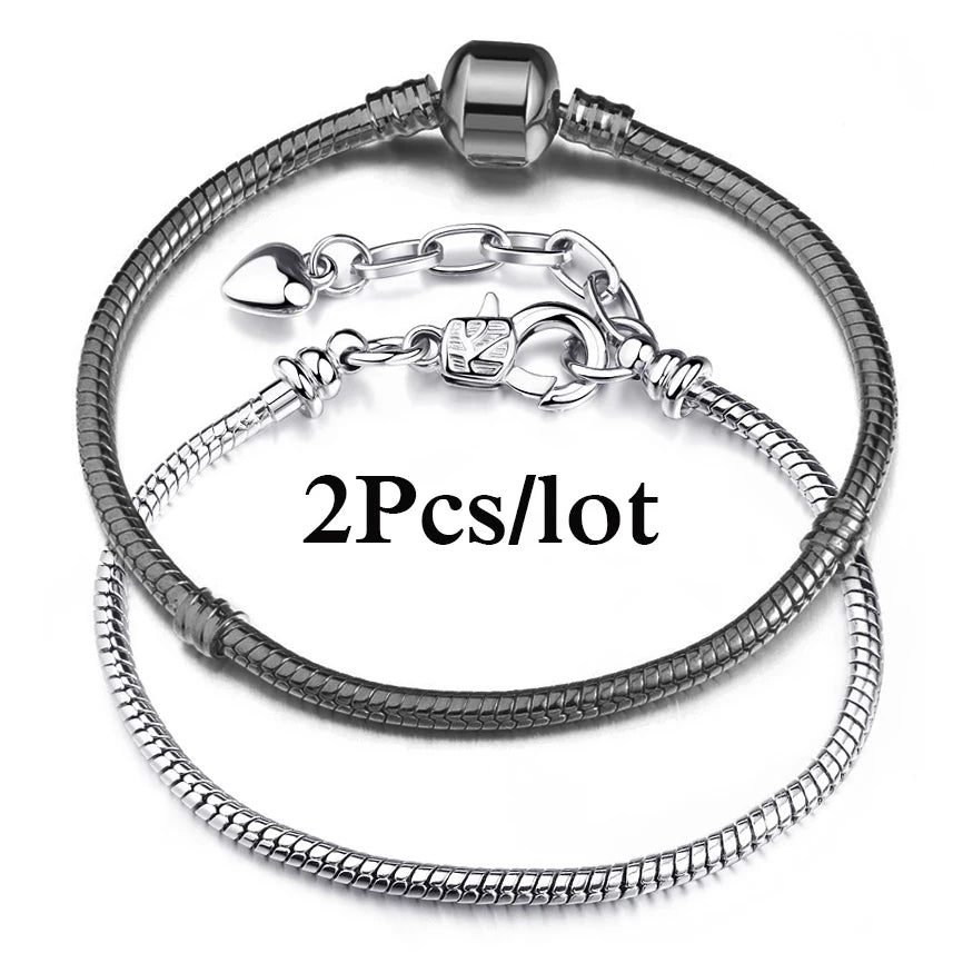 2Pcs/Lot Special Offer 3mm Silver Color Snake Chain Charm Bracelet For Women Men Fit DIY Bracelets Jewelry Gift Wholesale