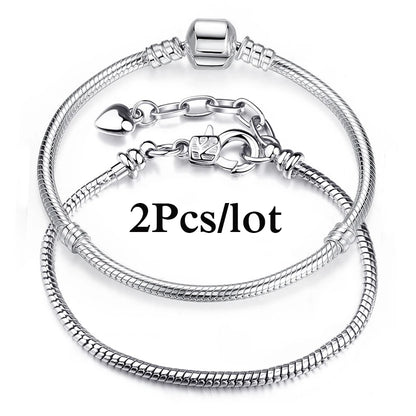 2Pcs/Lot Special Offer 3mm Silver Color Snake Chain Charm Bracelet For Women Men Fit DIY Bracelets Jewelry Gift Wholesale