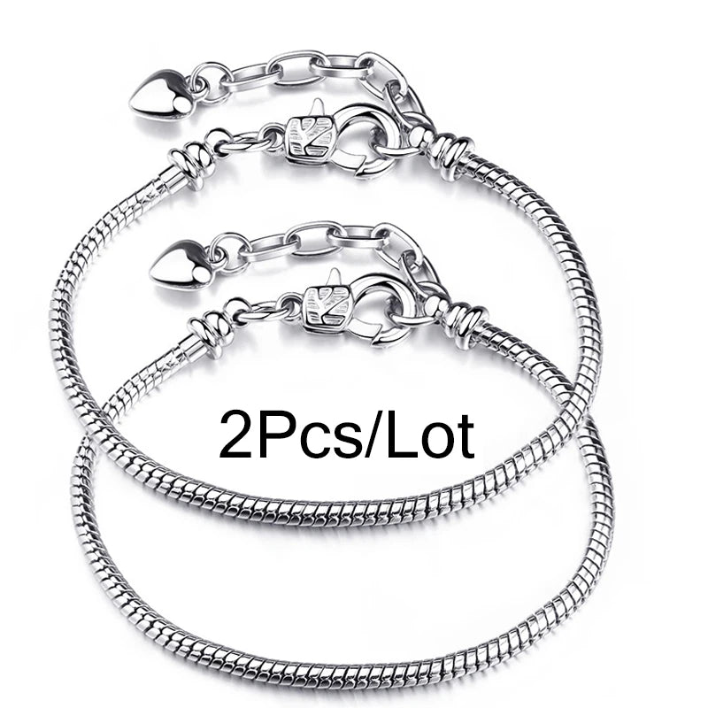2Pcs/Lot Special Offer 3mm Silver Color Snake Chain Charm Bracelet For Women Men Fit DIY Bracelets Jewelry Gift Wholesale