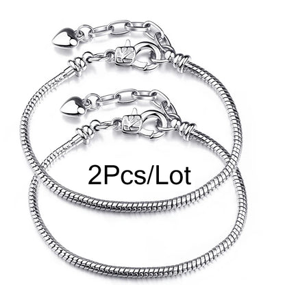 2Pcs/Lot Special Offer 3mm Silver Color Snake Chain Charm Bracelet For Women Men Fit DIY Bracelets Jewelry Gift Wholesale