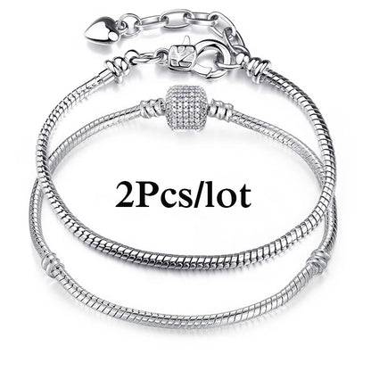 2Pcs/Lot Special Offer 3mm Silver Color Snake Chain Charm Bracelet For Women Men Fit DIY Bracelets Jewelry Gift Wholesale