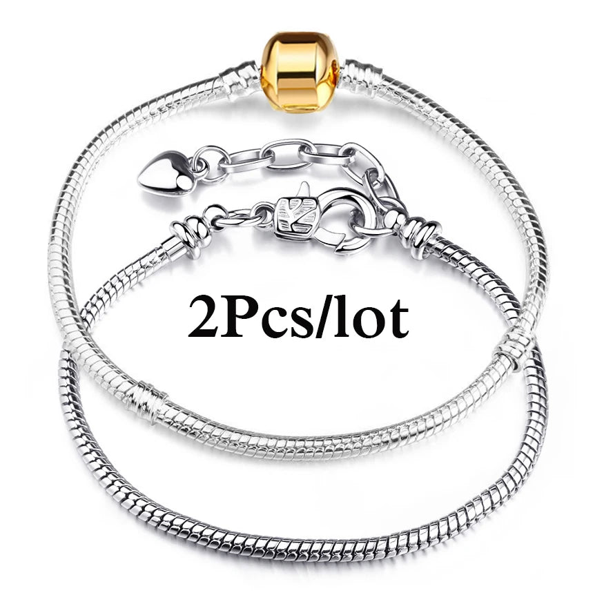 2Pcs/Lot Special Offer 3mm Silver Color Snake Chain Charm Bracelet For Women Men Fit DIY Bracelets Jewelry Gift Wholesale